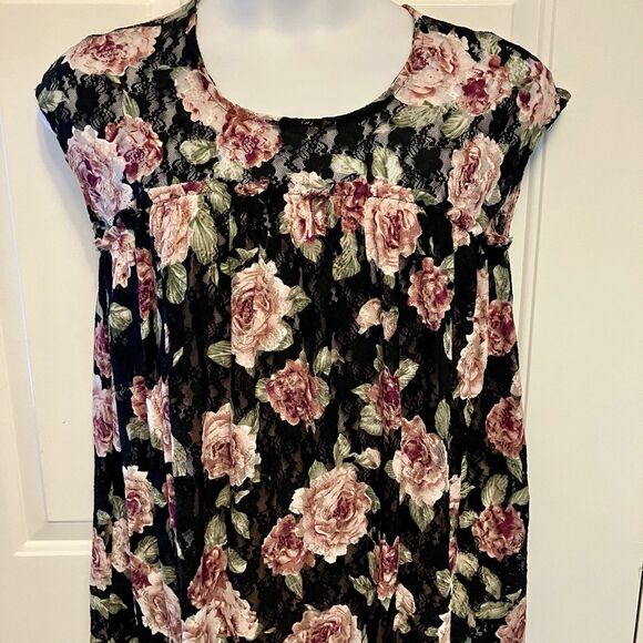 Suzanne Betro Black Pink Floral Lace Tunic Shirt Top Size Large Women’s - Picture 2 of 5